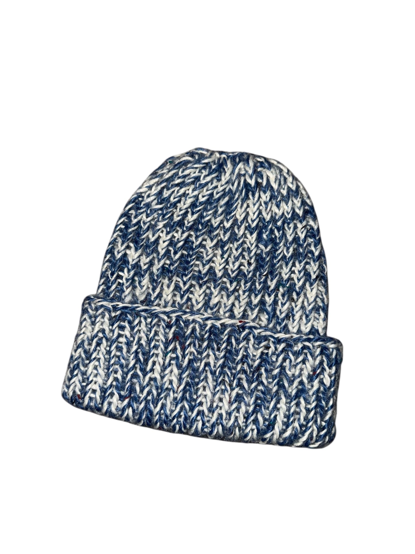 White and Blue Knitted Ribbed Beanie