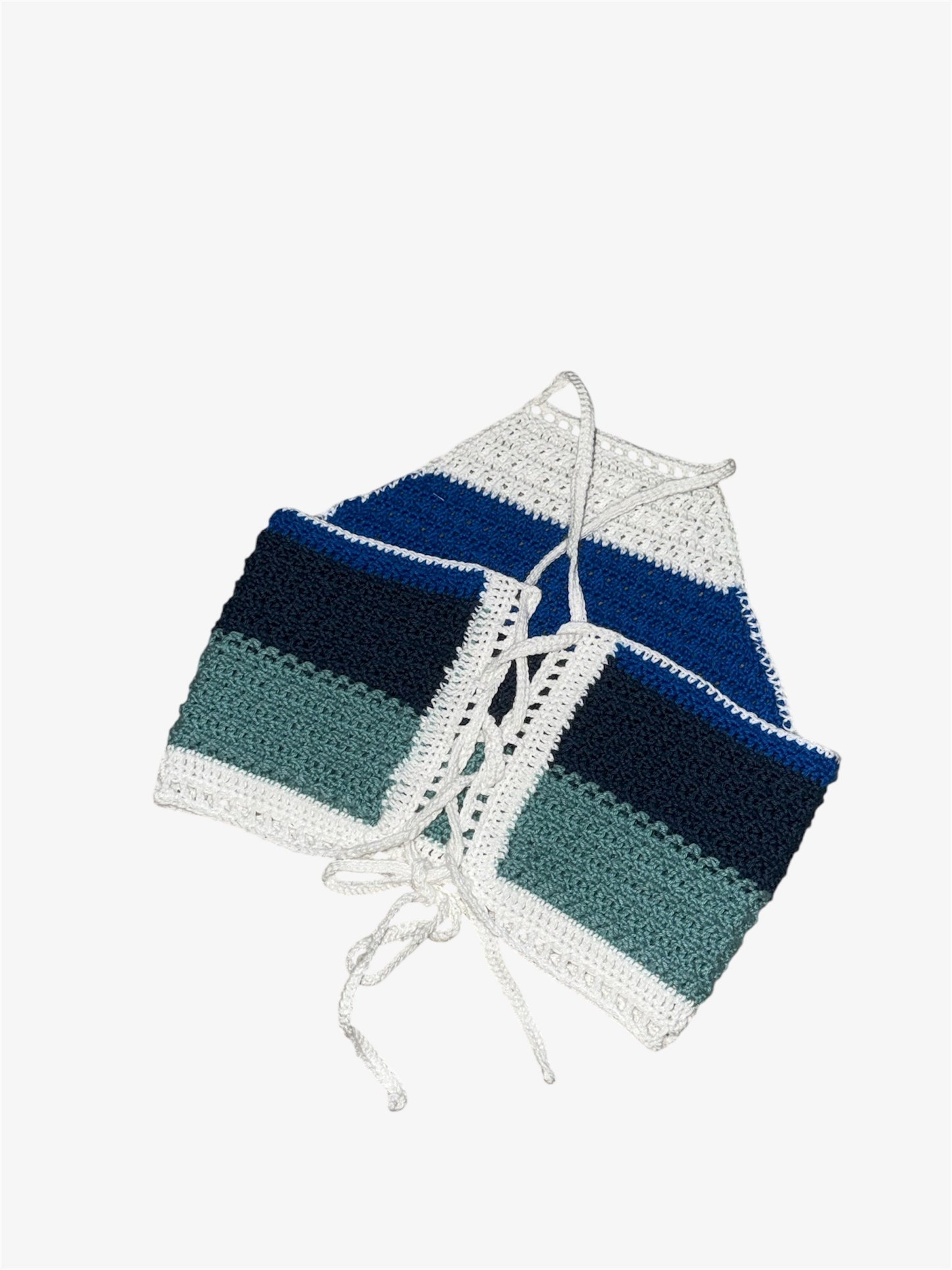 Blue Striped Crochet Tie Back Crop Top ~S~
