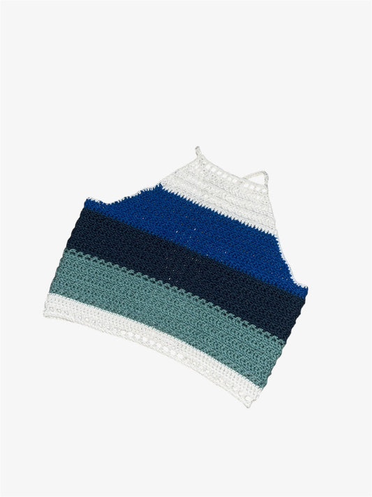 Blue Striped Crochet Tie Back Crop Top ~S~